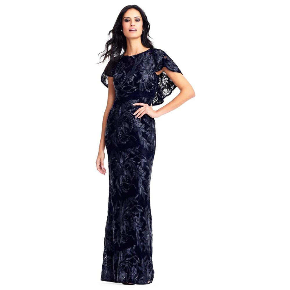 Adrianna Papell Navy Lace Cape-Sleeve Maxi Gown